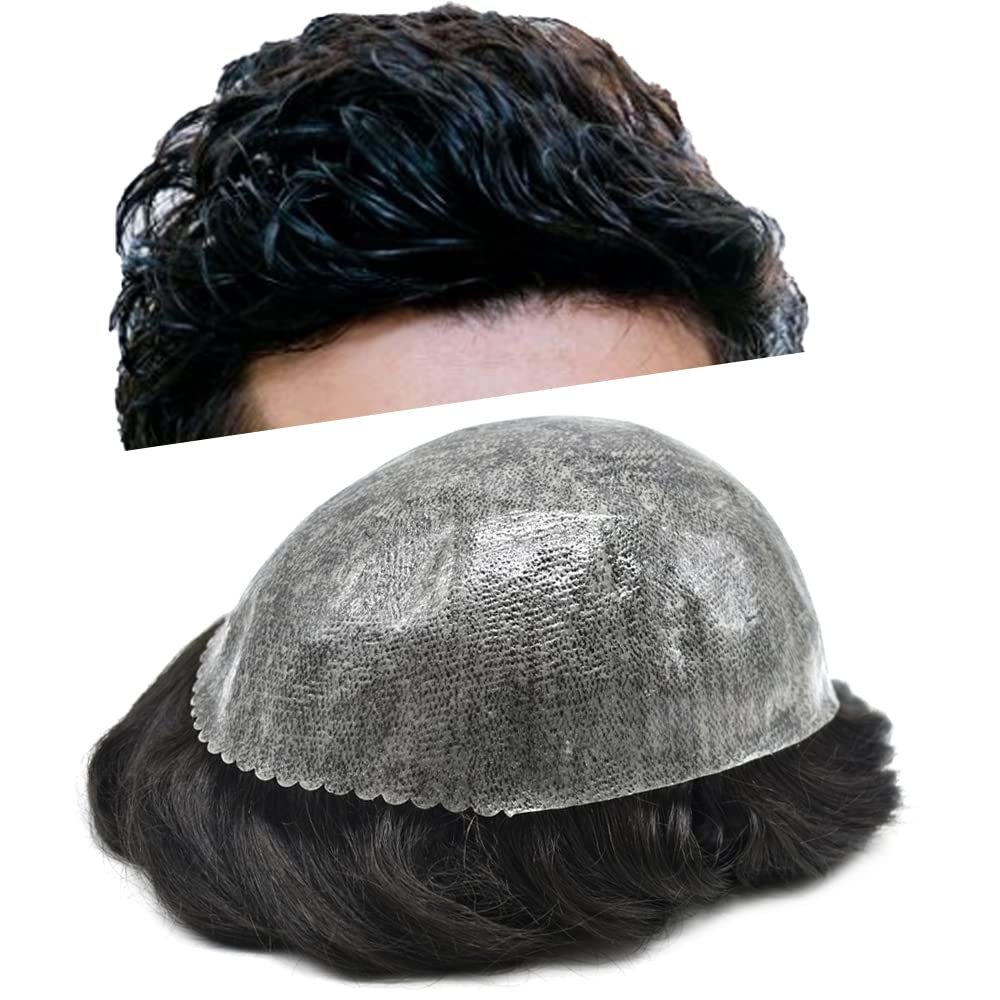 Toupee For Men Human Hair System Replacement Full Poly Skin Hairpiece Injected PU 8x10 Male Prosthesis Durable Wigs 7"X9"#60RY All Gray-120% Medium Light to Medium Density