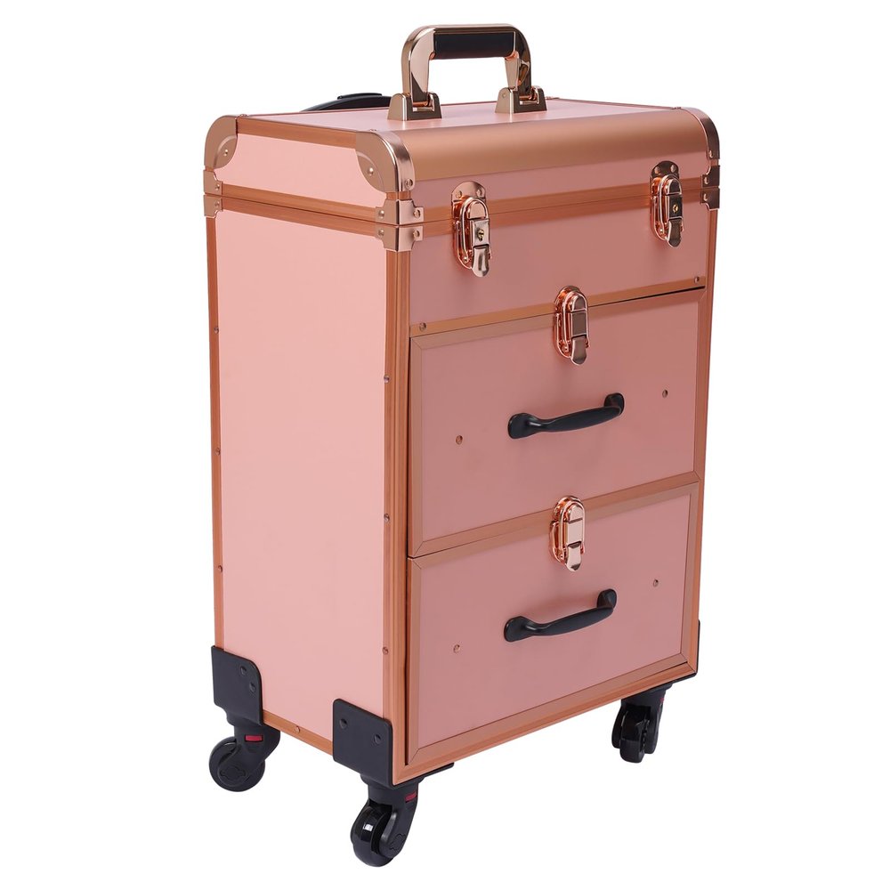 LyeXD Rolling Makeup Case w/Sliding Drawer, Makeup Train Case with Lock&Wheels, Large Storage Cosmetic Trolley Salon Barber Case Traveling Cart Trunk for Cosmetologist Nail Tech,Gold