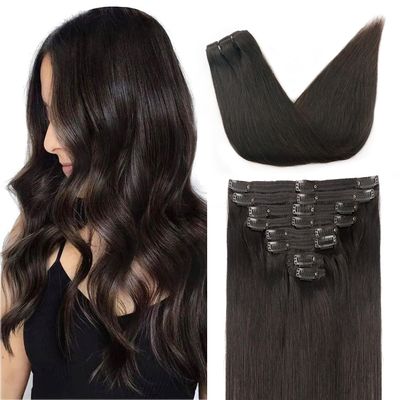 Pobokix Straight Clip In Hair Extensions Real Human Hair 8Pcs Clip In Dark Brown Human Hair Extensions with 18Clips Lace Weft 120g 22inch