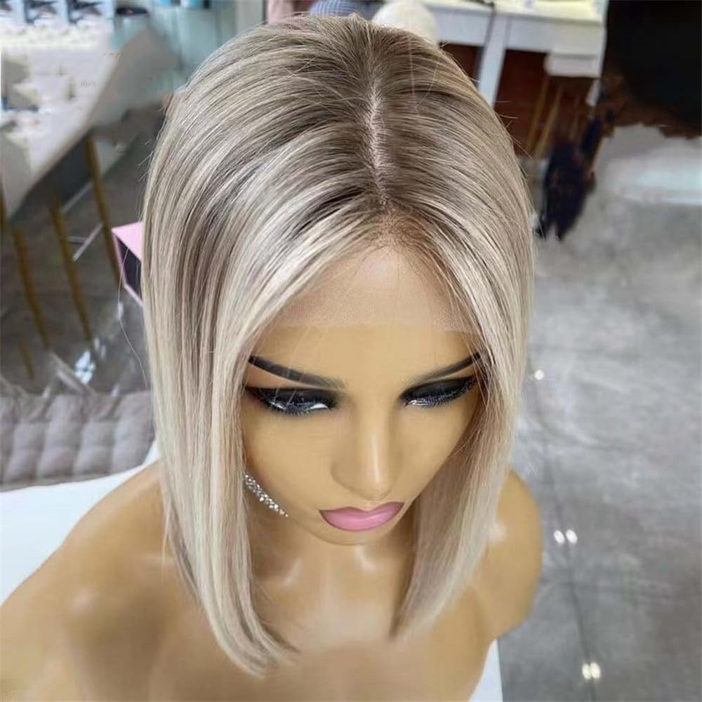 13X4 Silk Base Lace Front Wig Brown Ash Blonde Highlight Wig Lace Frontal Short Bob Human Hair Wigs For Women Highlight Wig 1 10inches#13x4 180 Density
