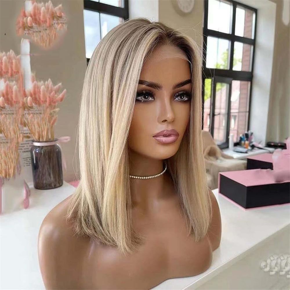 13X4 Silk Base Lace Front Wig Brown Ash Blonde Highlight Wig Lace Frontal Short Bob Human Hair Wigs For Women Highlight Wig 2 16inches#Silk Top 130 Density