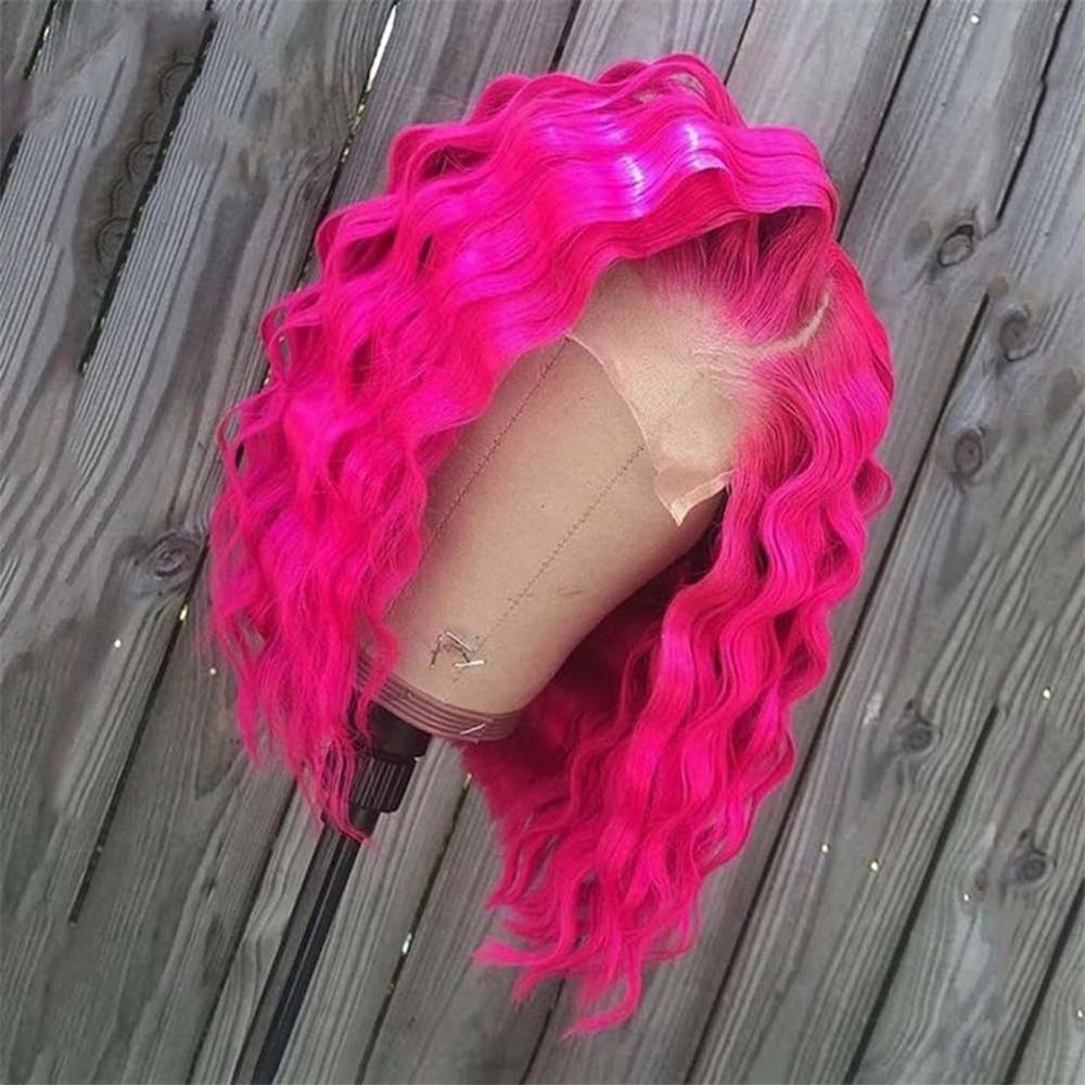 13X4 Pink Blue Deep Wave Wig Ginger Blue Lace Front Bob Wigs Full Lace Frontal Human Hair Wig For Women Hot pink Wig 8inches#13x4 Frontal Wig 150