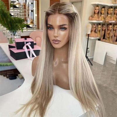 13X6 Hd Lace Frontal Wig Ash Blonde Highlight Wig Pre Plucked 13X4 Straight Lace Front Human Hair Wigs For Women 4x4 Closure Wig 14inches#130%