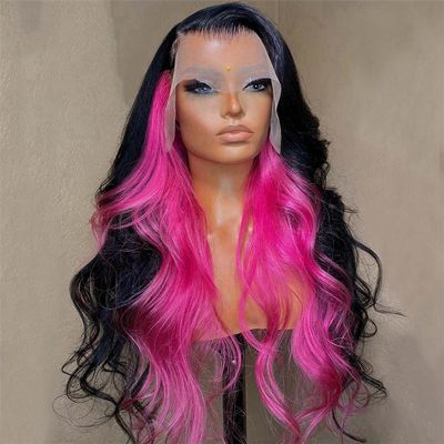 13X4 Black Highlight Wig Pink Body Wave Lace Front Wig 13X6 Hd Lace Frontal Human Hair Wigs For Women Hot pink Black 14inches#4x4 Closure Wig 180