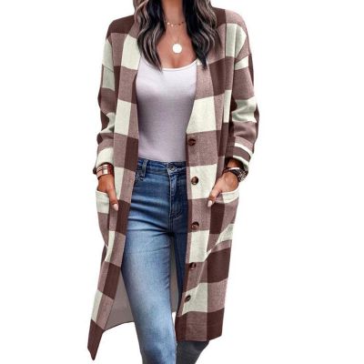 ICRPSTU Long Sleeve Button Up Outwear Women Loose Casual Elegant Drop Shoulder Plaid Coat with Pocket for Dating (3XL)