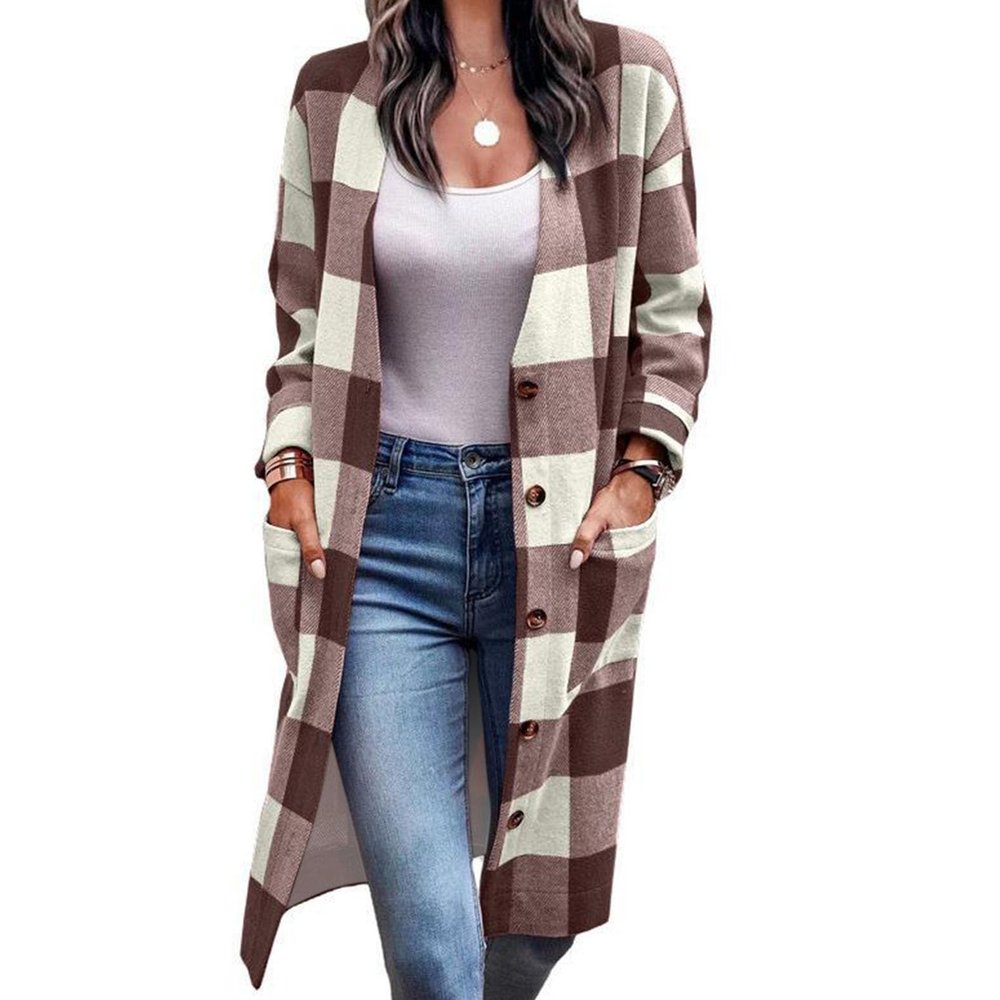 ICRPSTU Long Sleeve Button Up Outwear Women Loose Casual Elegant Drop Shoulder Plaid Coat with Pocket for Dating (3XL)