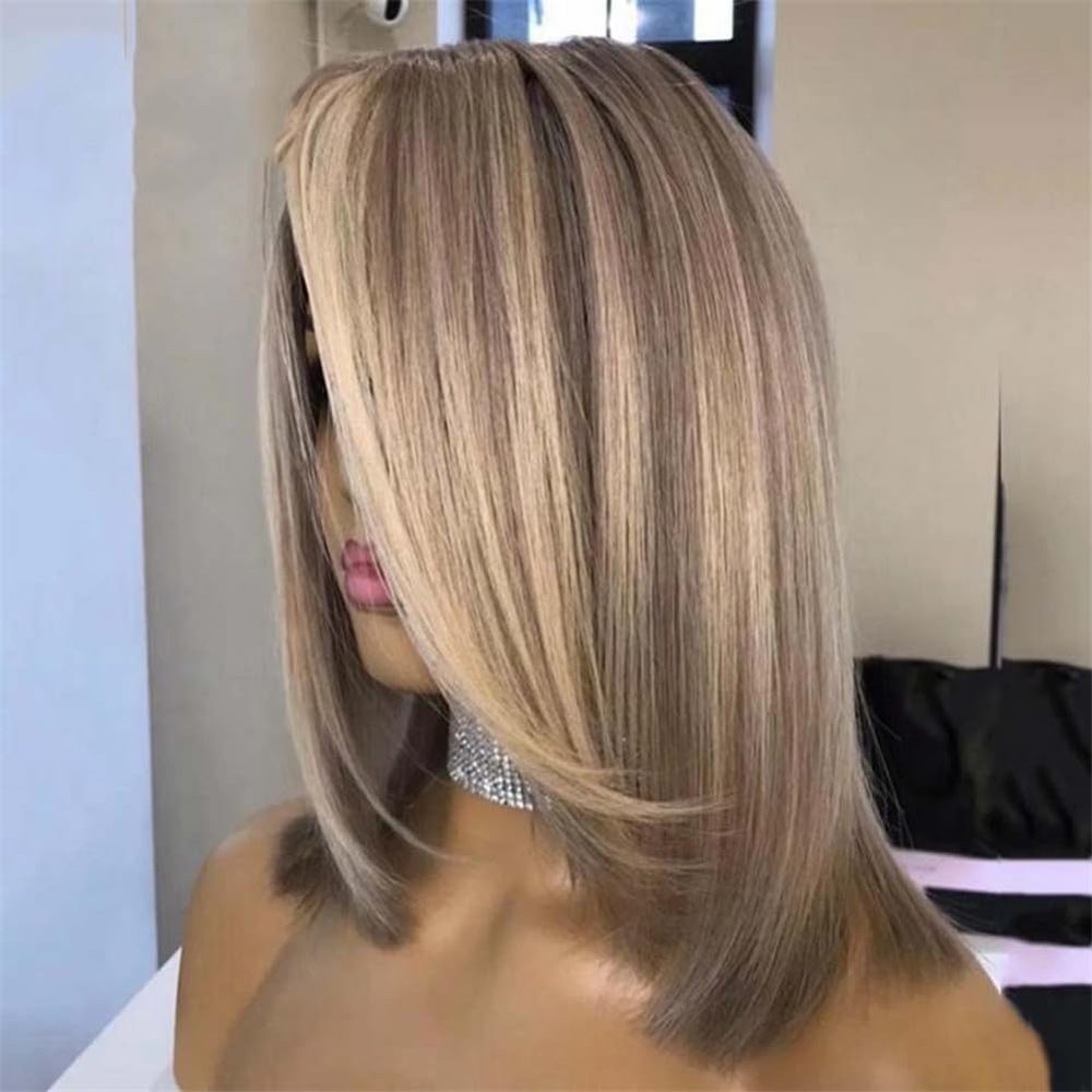 13X4 Ash Gray Bob Wigs 13X6 Hd Lace Frontal Wig Brown Highlight Human Hair Wigs Short Bob Wig Ash Brown 12inches#13x4 Frontal Wig 150