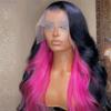 13X4 Black Highlight Wig Pink Body Wave Lace Front Wig 13X6 Hd Lace Frontal Human Hair Wigs For Women Hot pink Black 26inches#13x4 Frontal Wig 150 view 2