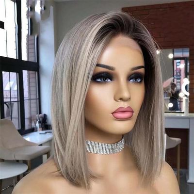 13X4 Ash Gray Bob Wigs 13X6 Hd Lace Frontal Wig Brown Highlight Human Hair Wigs Short Bob Wig Ash gray9 16inches#13x6 Frontal Wig 180