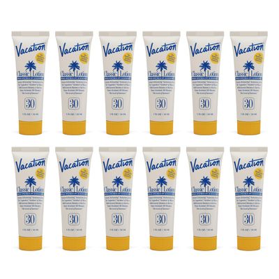 Vacation Mini Classic Sunscreen SPF 30, Water-Resistant, Bulk Suntan Lotion, Bachelorette Party Favors, Beach Must Haves, Traveling Essentials, Travel Size, 1 Fl. Oz. (Value Pack of 12)