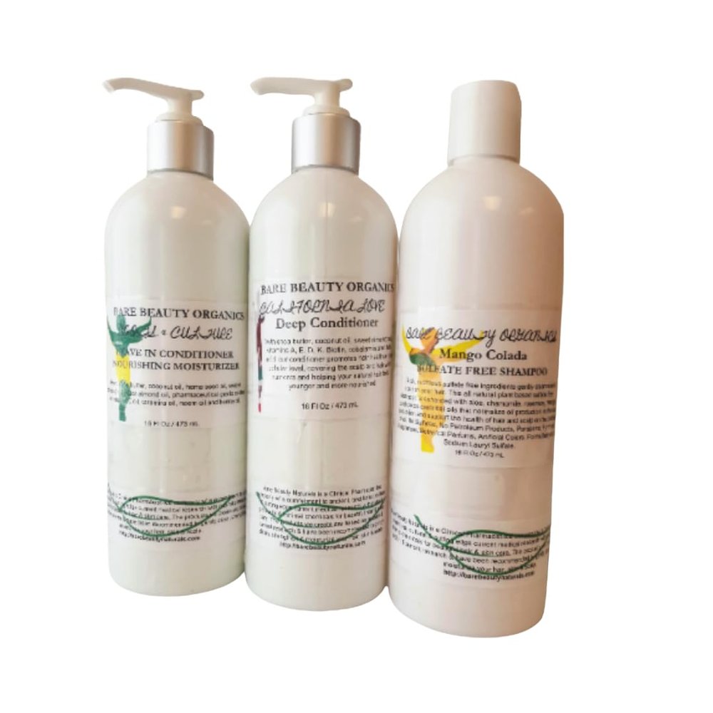 Bare Beauty Naturals Large CURL Box 16 oz each (16oz Calilove C. & Roots&Culture M. pump top, 16 oz Licorice Root Shampoo)