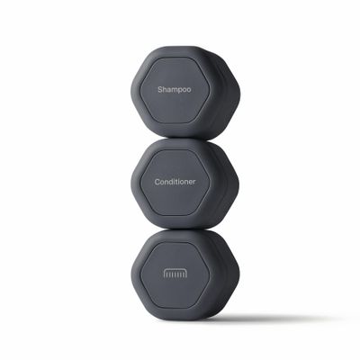 Cadence Travel Containers Haircare Capsule Set - Magnetic Containers with Lids,Carry On Travel Essentials For Women/Men - 3 Flex Mediums (1.32oz) - Shampoo, Conditioner & Comb Icon Labels - Charcoal