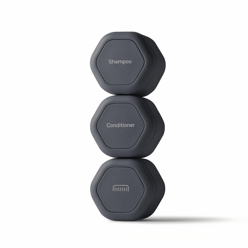 Cadence Travel Containers Haircare Capsule Set - Magnetic Containers with Lids,Carry On Travel Essentials For Women/Men - 3 Flex Mediums (1.32oz) - Shampoo, Conditioner & Comb Icon Labels - Charcoal