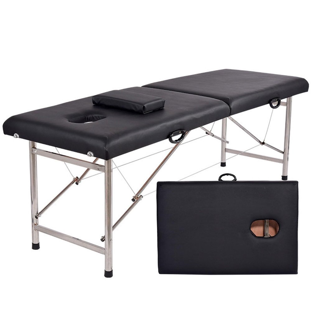 Massage Table Portable Massage Bed, 2 Folding Lightweight Salon Spa Tattoo Bed Height Adjustable with Carrying Bag & Stainless Steel Leg, Hold Up to 330LBS (Color : Black, Size : 180 * 60cm-Cloth Bag