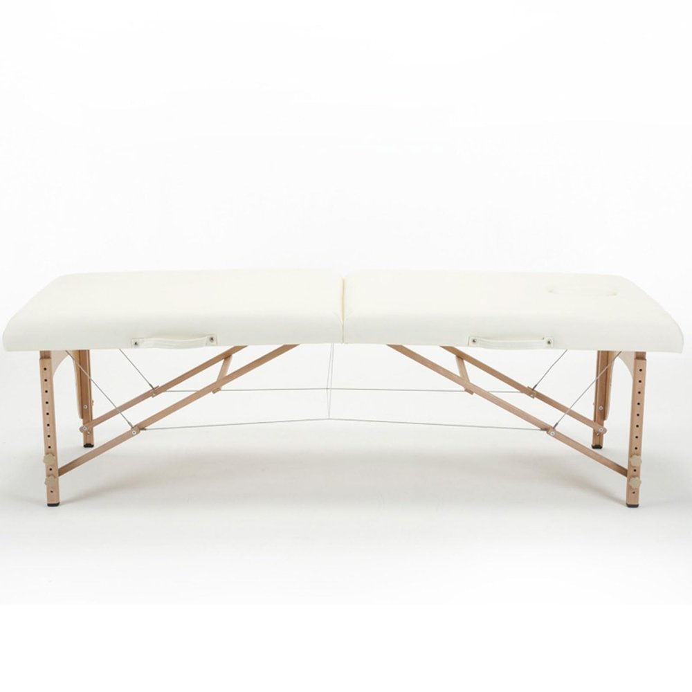 Foldable Massage Table Adjustable Height, Massage Spa Bed, Massage Therapy Table with Beech Stands, Adjustable 2 Fold Salon Bed with Leather, Portable Lash Bed (Color : Off White, Size : 185 * 60cm-A