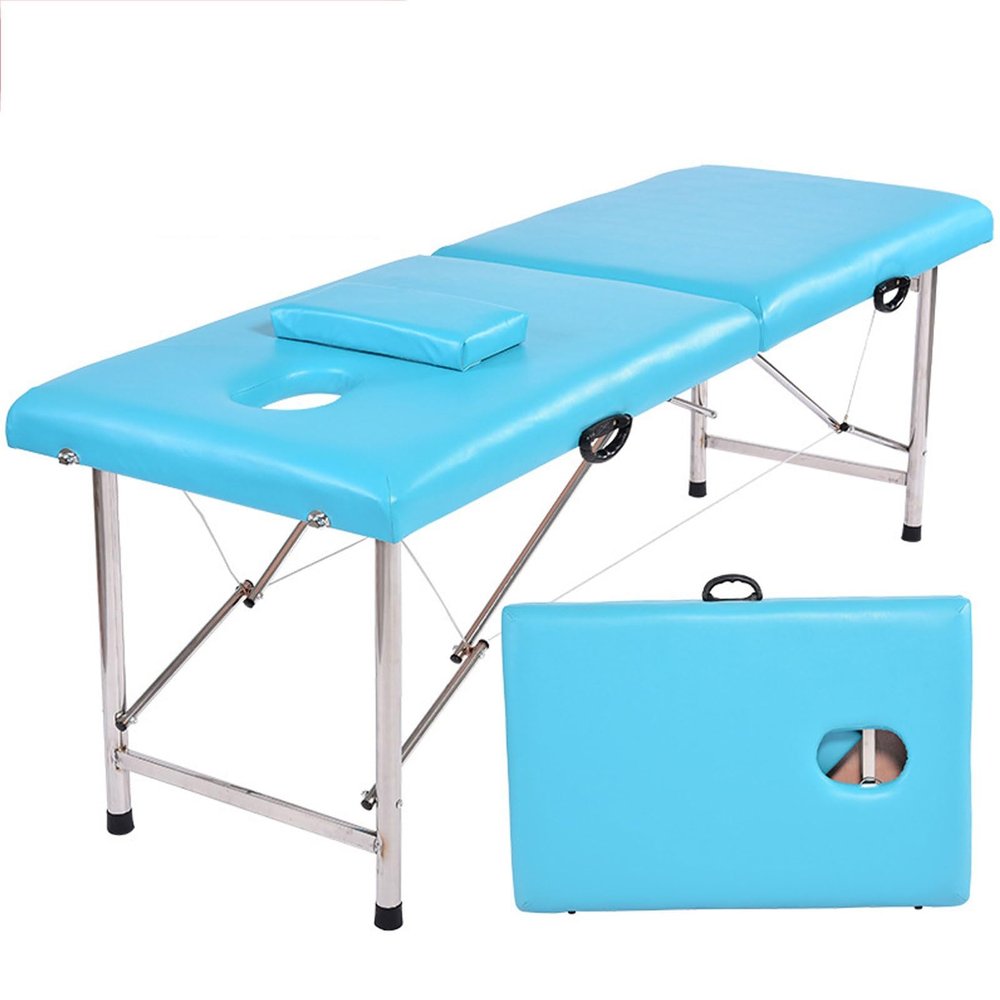 Massage Table Portable Massage Bed, 2 Folding Lightweight Salon Spa Tattoo Bed Height Adjustable with Carrying Bag & Stainless Steel Leg, Hold Up to 330LBS ( Color : Sky blue , Size : 180*60cm-cloth b