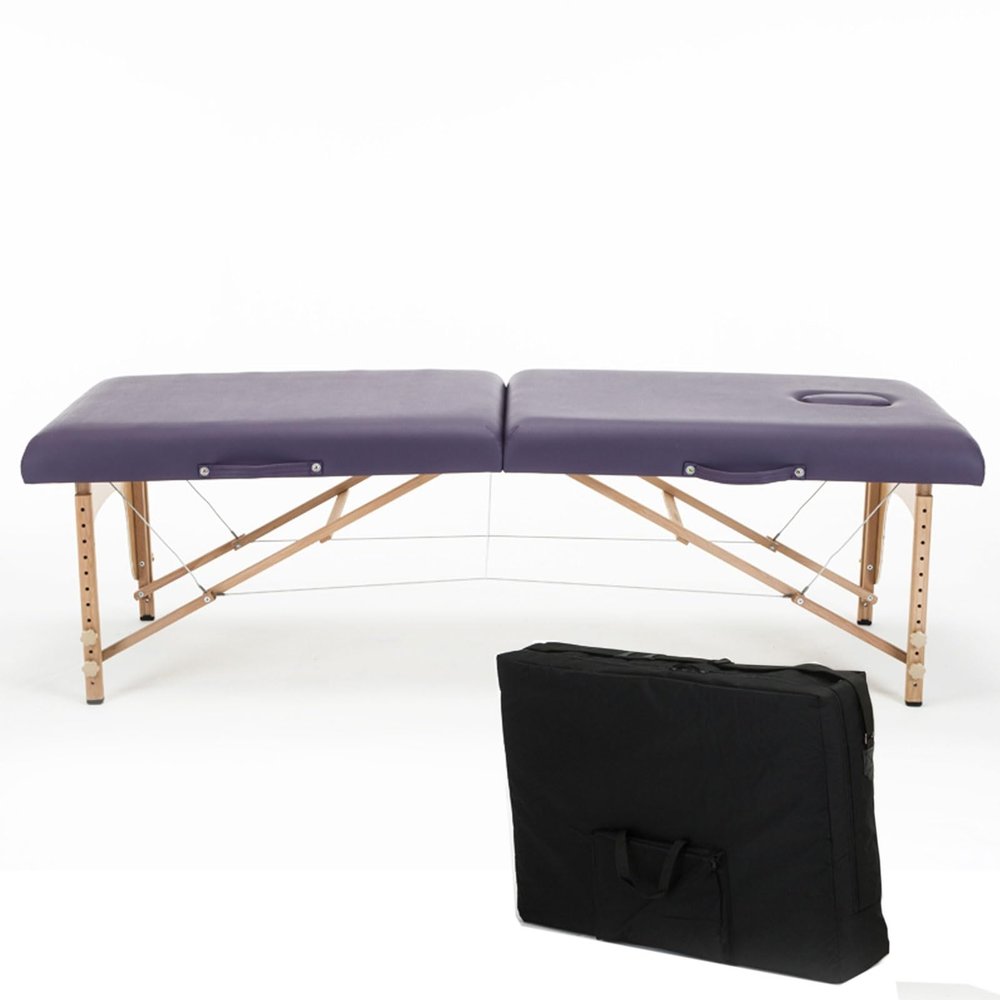 Foldable Massage Table Adjustable Height, Massage Spa Bed, Massage Therapy Table with Beech Stands, Adjustable 2 Fold Salon Bed with Leather, Portable Lash Bed (Color : Purple, Size : 185 * 60cm-B)