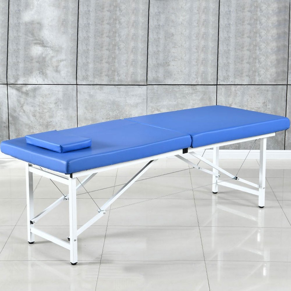Foldable Massage Table, Professional Massage Table Portable 2 Folding Lightweight Salon Spa Tattoo Bed Height Adjustable with Headrest, Waterproof PU Material (Color : Blue, Size : 180 * 60 * 60cm)