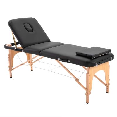 Adjustable Massage Table, Professional Massage Table Foldable Massage Bed 3 Fold with High Density Sponge, Robust Beechwood Legs, with Waterproof Leather (Color : Black, Size : 186 * 60cm)