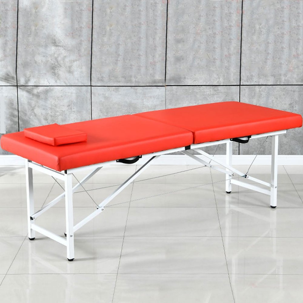 Foldable Massage Table, Professional Massage Table Portable 2 Folding Lightweight Salon Spa Tattoo Bed Height Adjustable with Headrest, Waterproof PU Material (Color : Red, Size : 185 * 70 * 60cm)