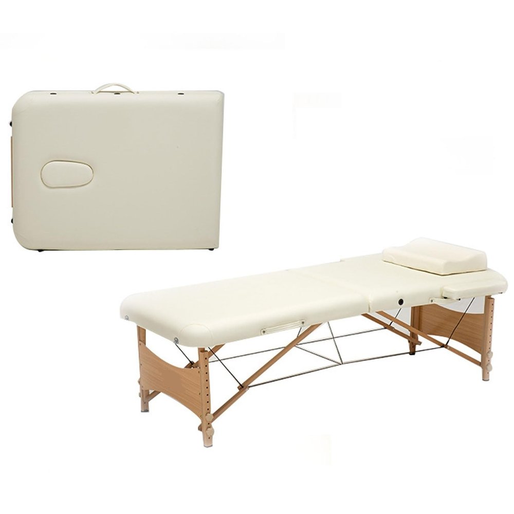 Adjustable Massage Table, Adjustable 2 Fold Salon Bed with PVC Leather, Includes Headrest and Armrests, Massage Therapy Table Beech Wood (Color : Off White)