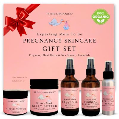 Irene Organics Belly Bundle  5 Piece Pregnancy Skincare Gift Set with Organic Belly Butter & Natural Body Oil for Stretch Marks (5 piece set)