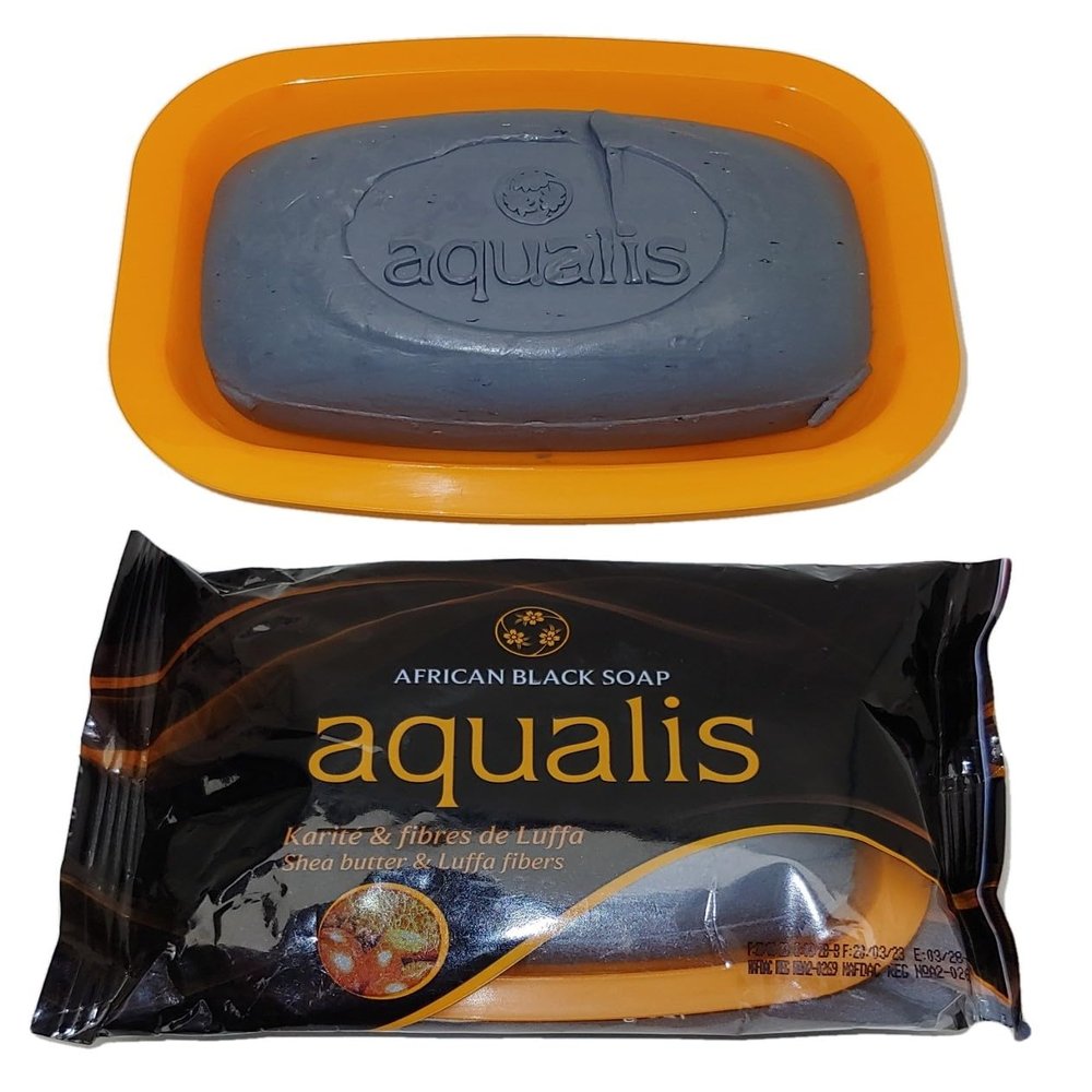 1 Bar Aqualis African Black Soap Shea Butter & Luffa Fibers Ivory Coast Beauty