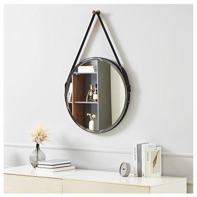 19.7in, 23.6in, 27.6in, 31.5in Round Mirror, Solid Wood Bathroom Mirror with Leather Hanging Strap(Black,80cm/31.5in)