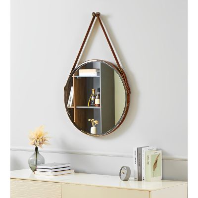 19.7in, 23.6in, 27.6in, 31.5in Round Mirror, Solid Wood Bathroom Mirror with Leather Hanging Strap(Brown,60cm/23.6in)