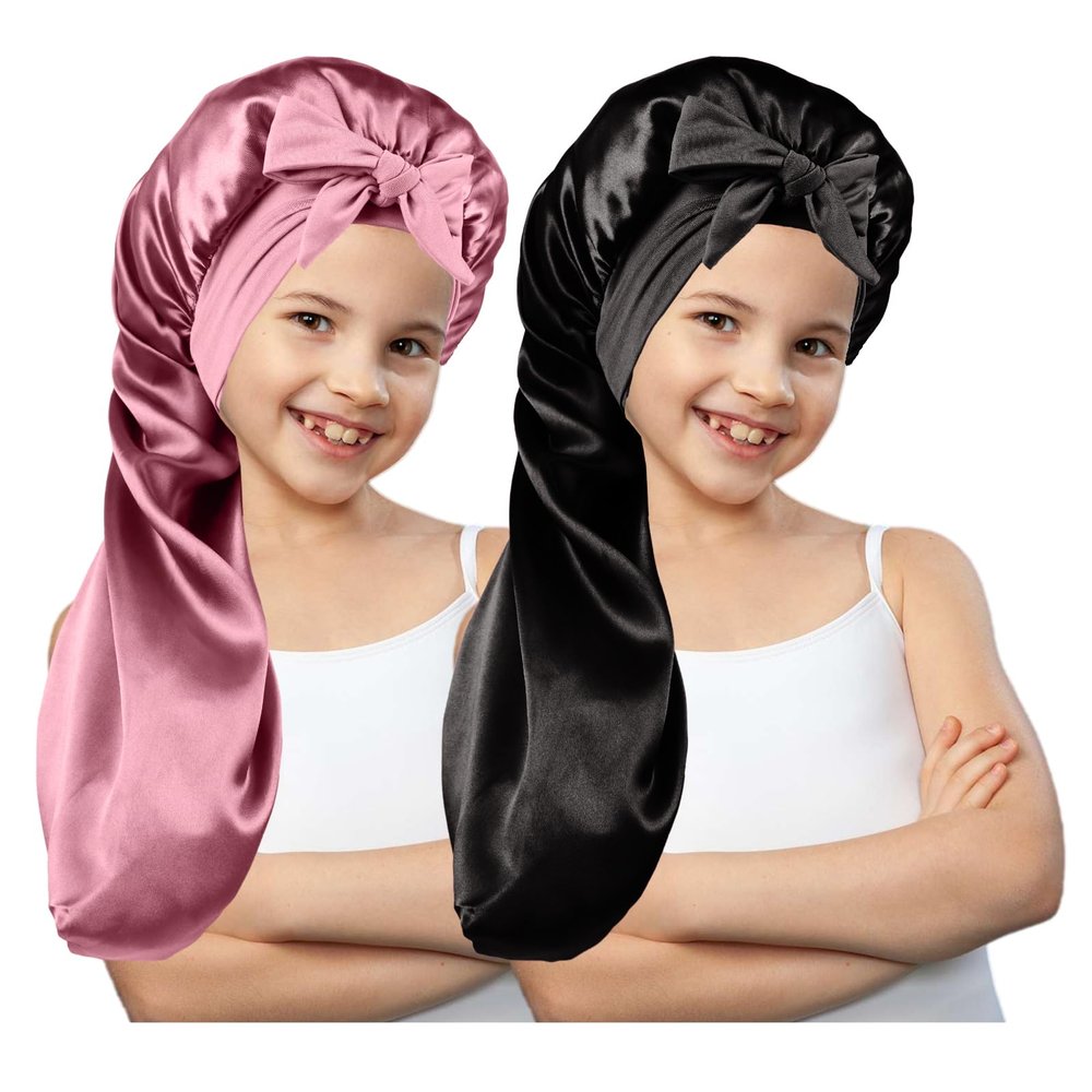 2 Pcs Long Kids Bonnets for Girls,Silky Satin Bonnet for Sleeping Kid, Bonnet for Kids' Braids,Long Hair