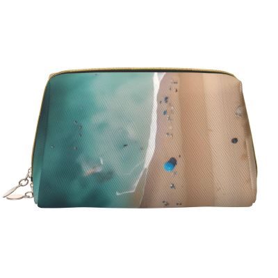 Aerial View of The Beach Leather Portable Large Makeup Bag, PVC Leather, Zipper Closure,Toiletry Bag Travel Bag, Travel Storage Bag, White, One Size