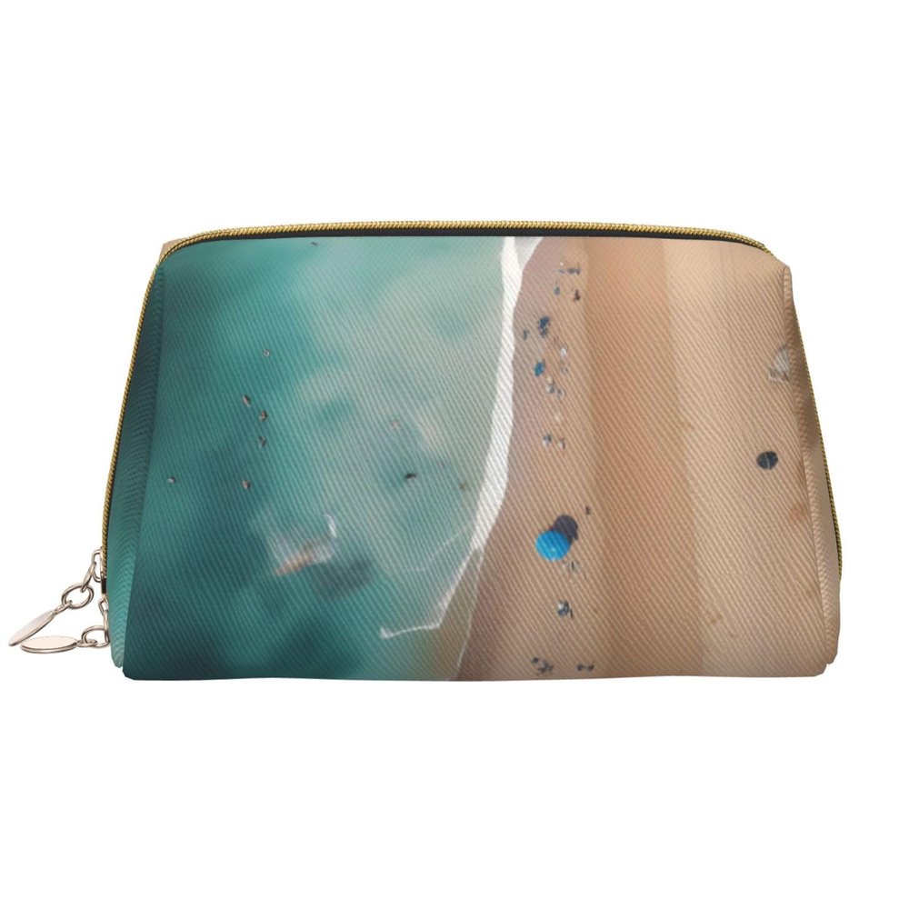 Aerial View of The Beach Leather Portable Large Makeup Bag, PVC Leather, Zipper Closure,Toiletry Bag Travel Bag, Travel Storage Bag, White, One Size