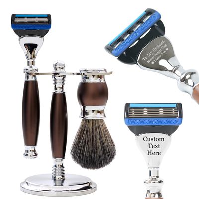 FREED Customized gifts Engraving Luxury Men's 5-Blade Razor set, Aluminum Alloy Material incloud 4 Blades,razor stand,razor brush,It's the best gift for men (saddleBrown)