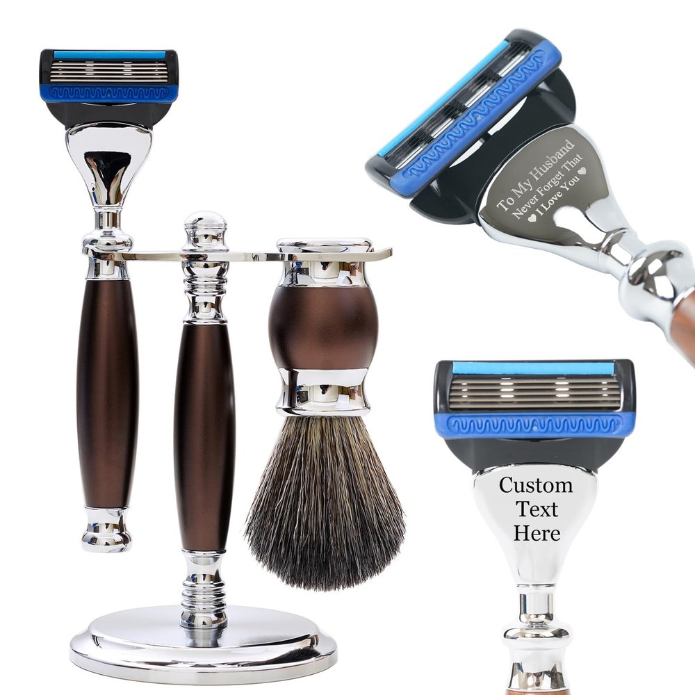 FREED Customized gifts Engraving Luxury Men's 5-Blade Razor set, Aluminum Alloy Material incloud 4 Blades,razor stand,razor brush,It's the best gift for men (saddleBrown)