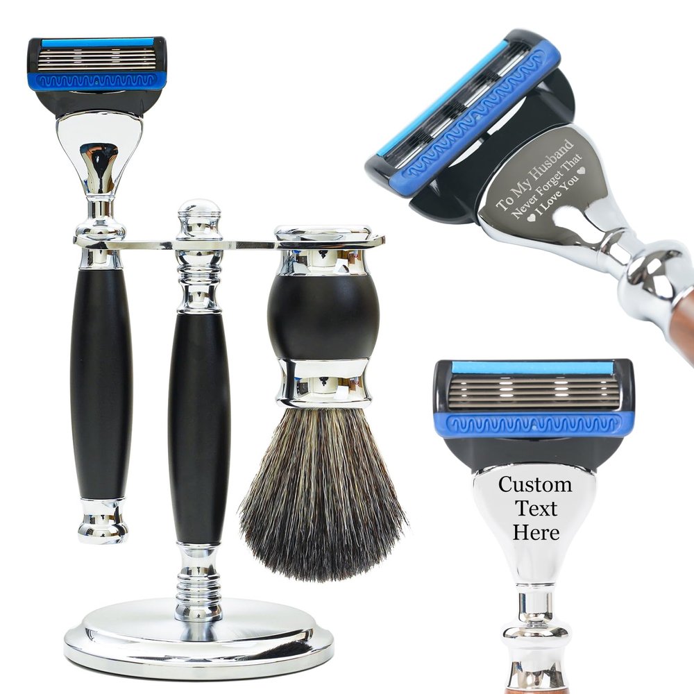 FREED Customized gifts Engraving Luxury Men's 5-Blade Razor set, Aluminum Alloy Material incloud 4 Blades,razor stand,razor brush,It's the best gift for men (Black)