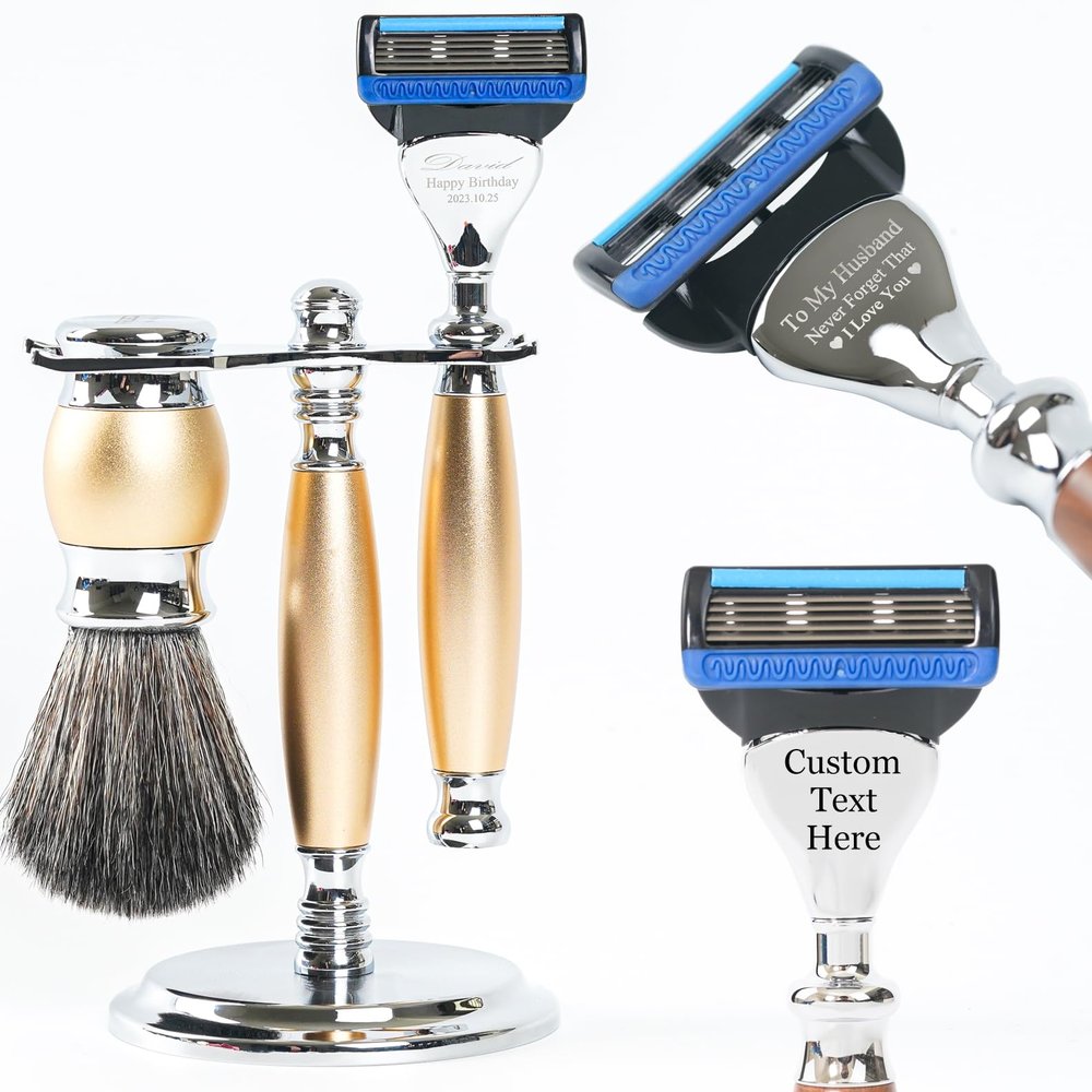 FREED Customized gifts Engraving Luxury Men's 5-Blade Razor set, Aluminum Alloy Material incloud 4 Blades,razor stand,razor brush,It's the best gift for men (Gold)