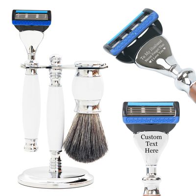 FREED Customized gifts Engraving Luxury Men's 5-Blade Razor set, Aluminum Alloy Material incloud 4 Blades,razor stand,razor brush,It's the best gift for men (Pearl White)
