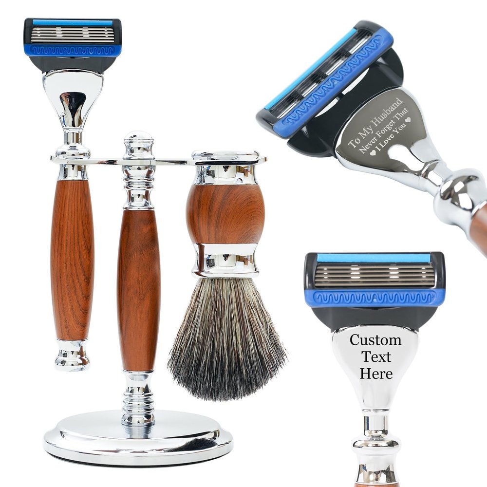 FREED Customized gifts Engraving Luxury Men's 5-Blade Razor set, Aluminum Alloy Material incloud 4 Blades,razor stand,razor brush,It's the best gift for men (Nut Brown)