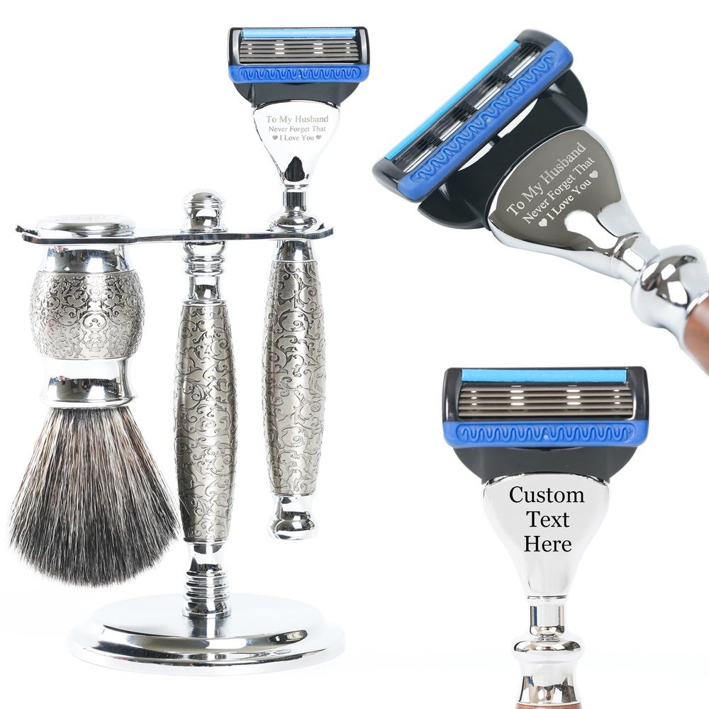 FREED Customized gifts Engraving Luxury Men's 5-Blade Razor set, Aluminum Alloy Material incloud 4 Blades,razor stand,razor brush,It's the best gift for men (Embossed style)