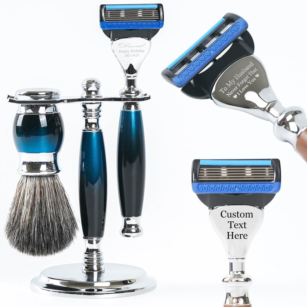 FREED Customized gifts Engraving Luxury Men's 5-Blade Razor set, Aluminum Alloy Material incloud 4 Blades,razor stand,razor brush,It's the best gift for men (Galaxy Blue)