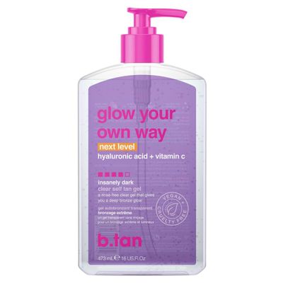 b.tan Insanely Dark Clear Self Tan Gel | Glow Your Own Way Next Level - Best, Transfer-Resistant Sunless Tanning Lotion, Ultra Quick Bronze, No Fake Tanner Smell, 16 Fl Oz