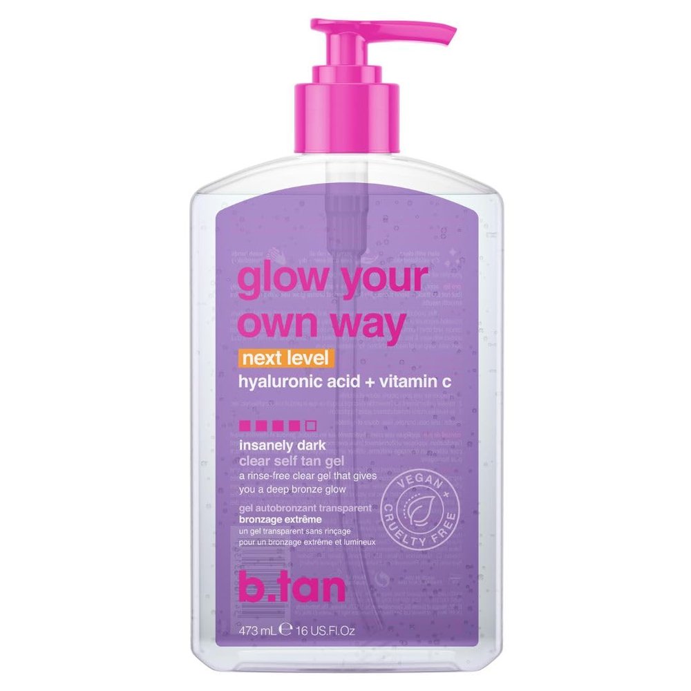 b.tan Insanely Dark Clear Self Tan Gel | Glow Your Own Way Next Level - Best, Transfer-Resistant Sunless Tanning Lotion, Ultra Quick Bronze, No Fake Tanner Smell, 16 Fl Oz