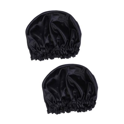 Healifty 2pcs Silk Double Satin Sleeping Cap Drawstring for Women Black Braid Bonnet to Protect Hair and Maintain Moisture for Curly Hair and Overnight Use