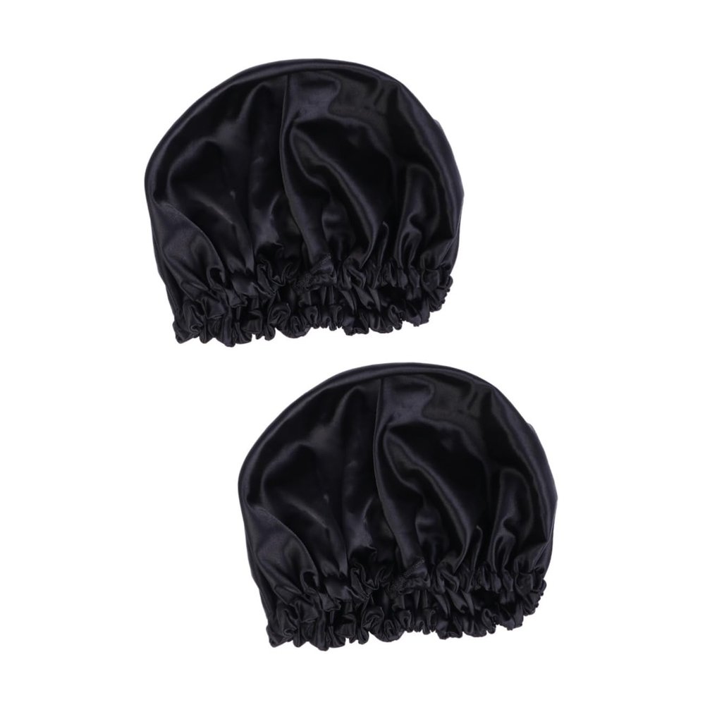 Healifty 2pcs Silk Double Satin Sleeping Cap Drawstring for Women Black Braid Bonnet to Protect Hair and Maintain Moisture for Curly Hair and Overnight Use