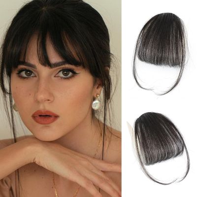 YBYMCAI Clip In Bangs-Real Human Hair Bangs Brown Black Clip On Bangs Hair Extensions Fake Bangs Human Hair Wispy Bangs Hair Clip Fringe With Temples Hairpieces Curved Bangs For Daily Wear