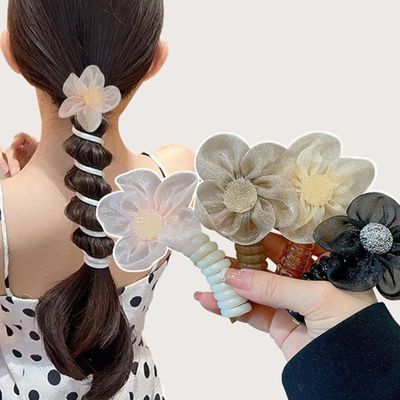 Colorful Telephone Wire Hair Bands, Bowknot/Flower Braided Spiral Phone Cord Ponytail Holders Hair Ties (4pcs 04)