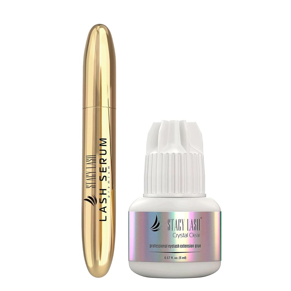 Crystal Clear Eyelash Extension Glue 5ml & Stacy Lash Serum 5ml for Lashes Growth & Thickness/Enhancing Natural Eyelashes/with Biotin / 1Sec Drying Time/Retention 8 Weeks/Transparent Adhesive