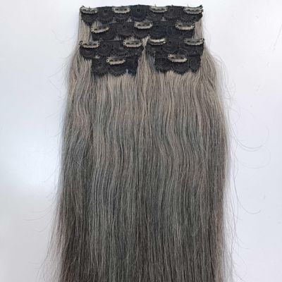 100% Indian Remy Human Hair Weft Clip in Hair Extensions Straight, natural Grey salt and pepper human hair (24 Inches)