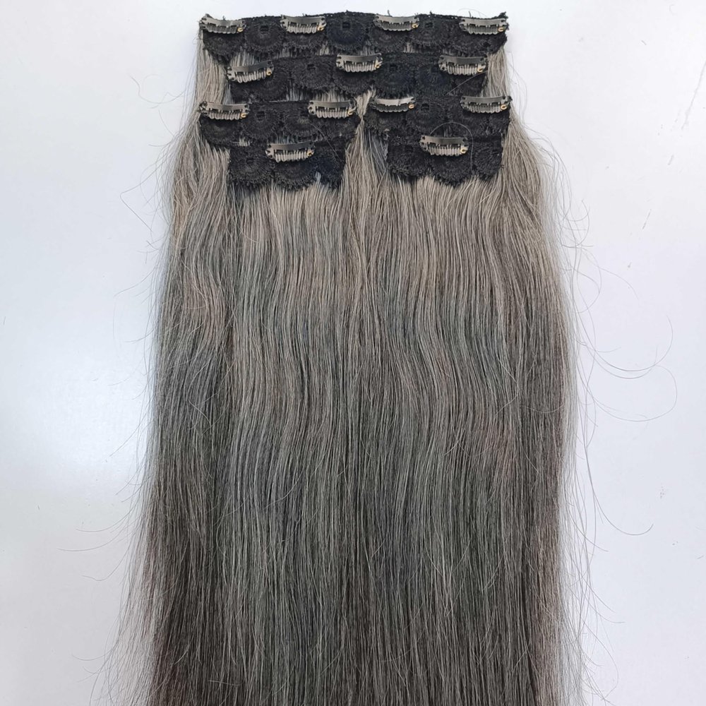 100% Indian Remy Human Hair Weft Clip in Hair Extensions Straight, natural Grey salt and pepper human hair (24 Inches)