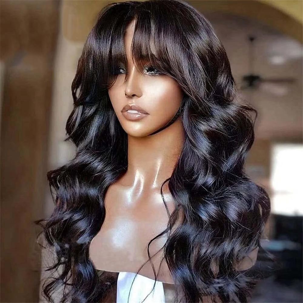13X4 Lace Front Human Hair Wigs With Bangs 30 Inch Long Body Wave Wig Brazilian Hd Lace Frontal Human Hair Wig Full Machine Wig 150 10inches